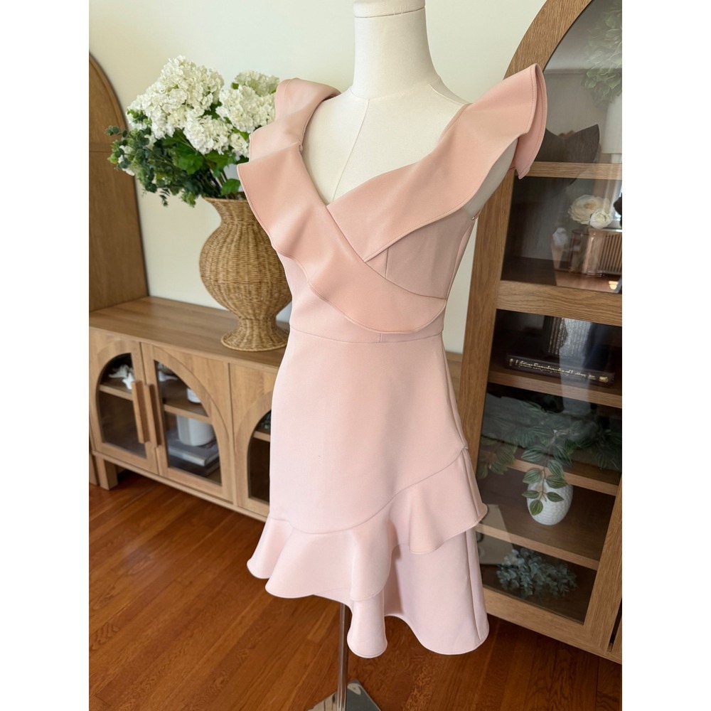 BCBGMAXAZRIA Blush Pink Ruffle V-Neck Asymmetrical Mini Cocktail Dress Size 4